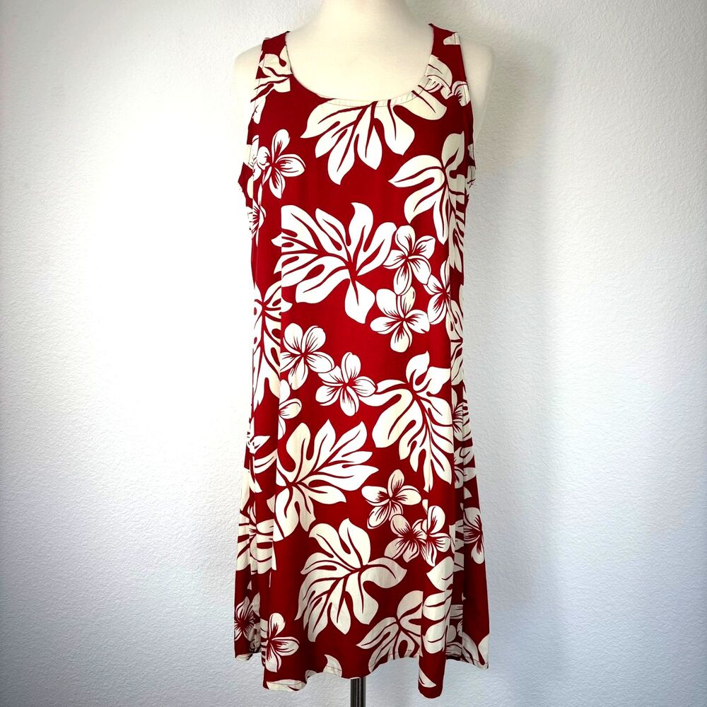 New Puanani Womens Hawaiian Dress M Red Floral Knee USA Tie Back Cut Out Resort